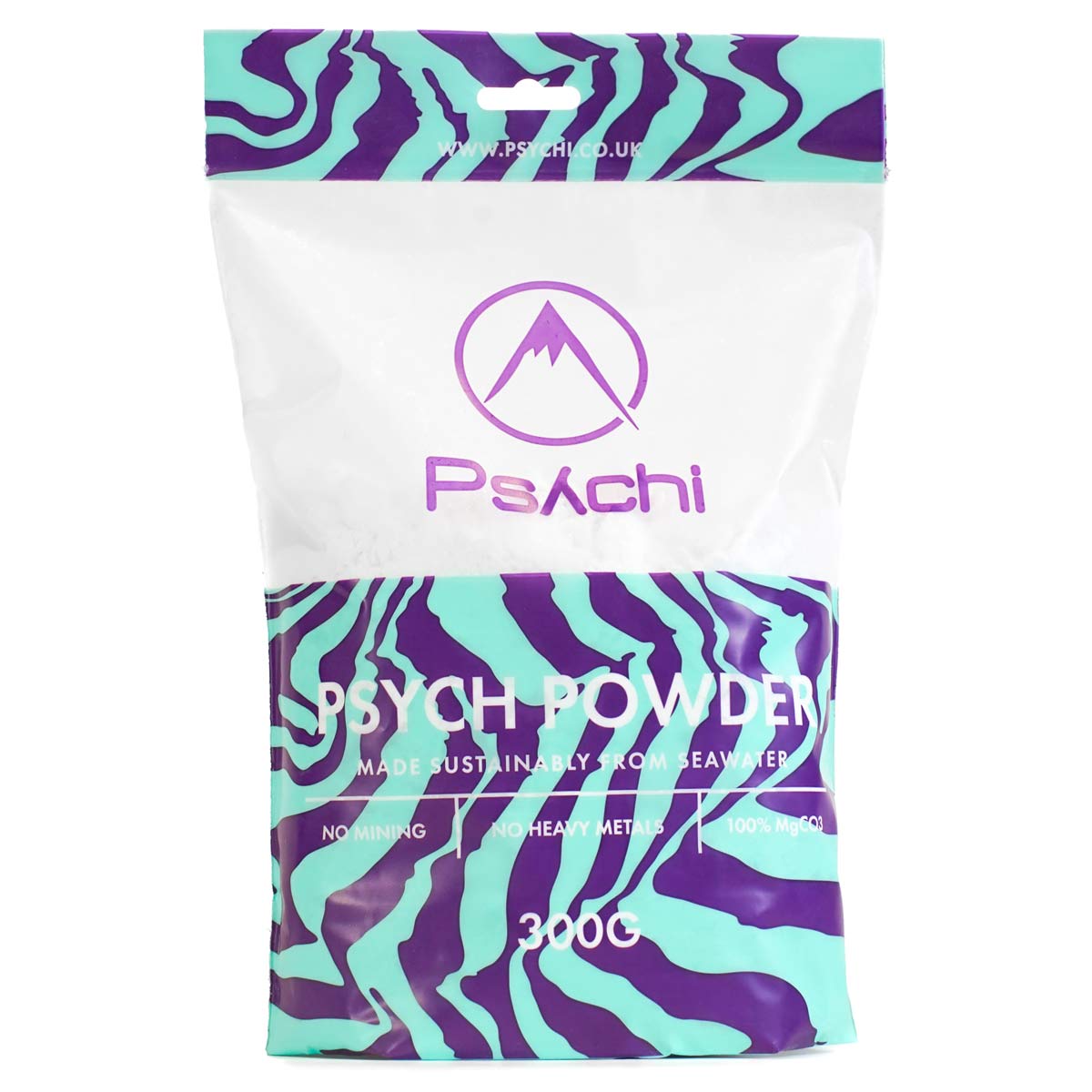Climbing chalk powder pouch with purple and teal pattern and Psxchi logo