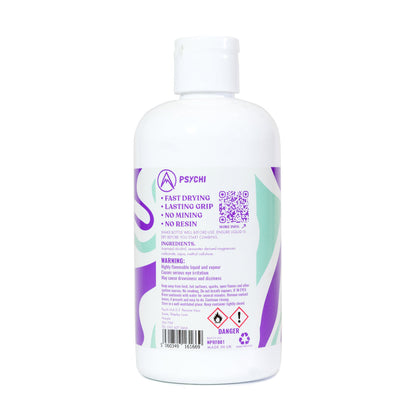 250 ml liquid climbing chalk bottle back label, fast drying claims and warning on white plastic