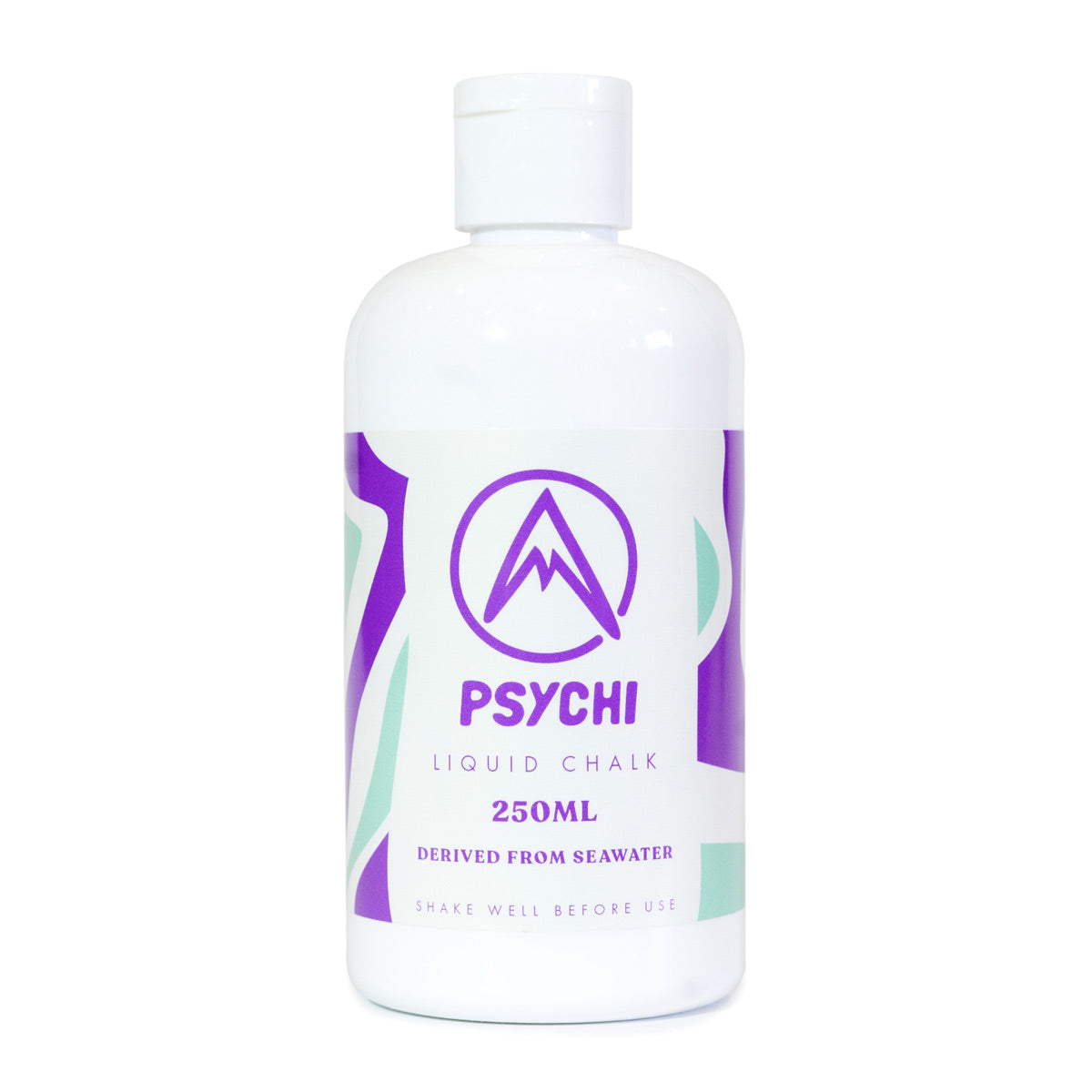 250 ml liquid climbing chalk bottle, white plastic with PSYCHI purple logo on front