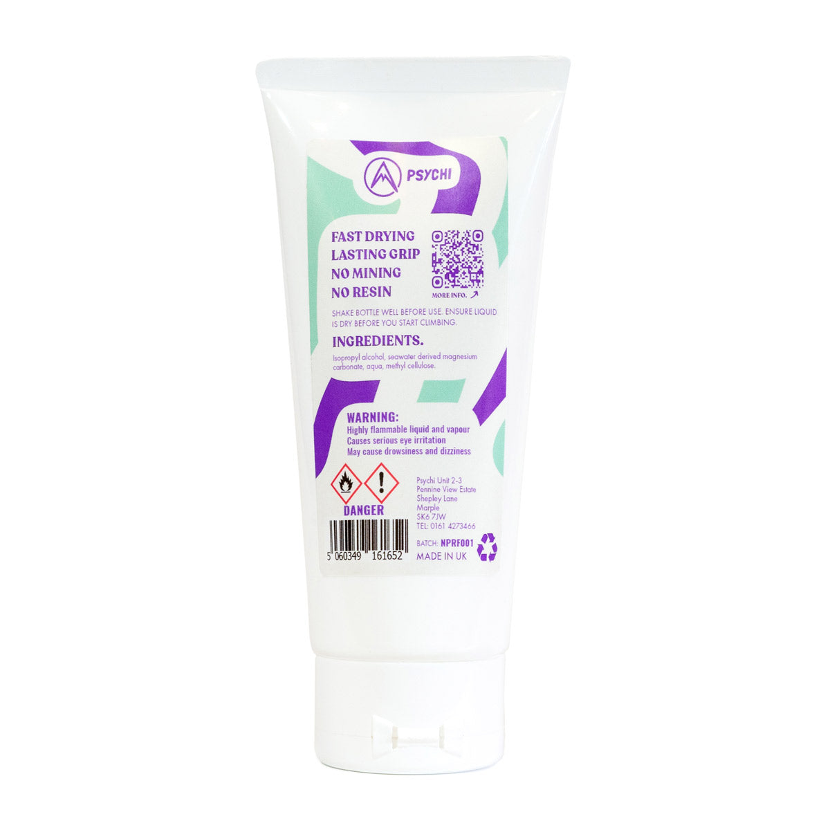 Psychi liquid chalk tube back label with ingredients and instructions