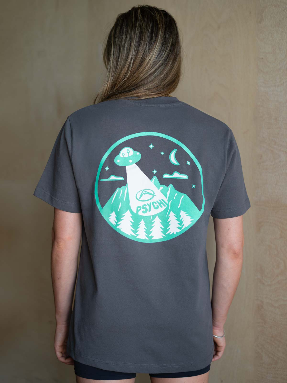 Grey organic cotton T-shirt with large circular alien mountain back graphic