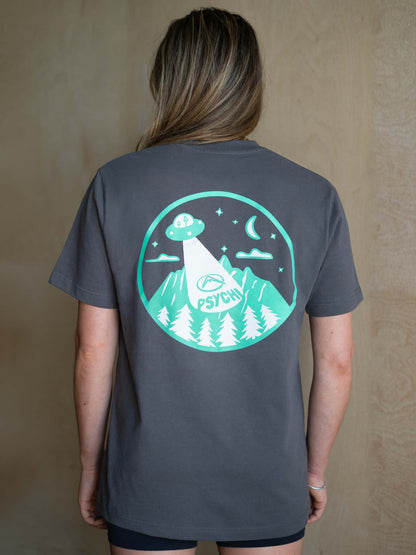 Grey organic cotton T-shirt with large circular alien mountain back graphic