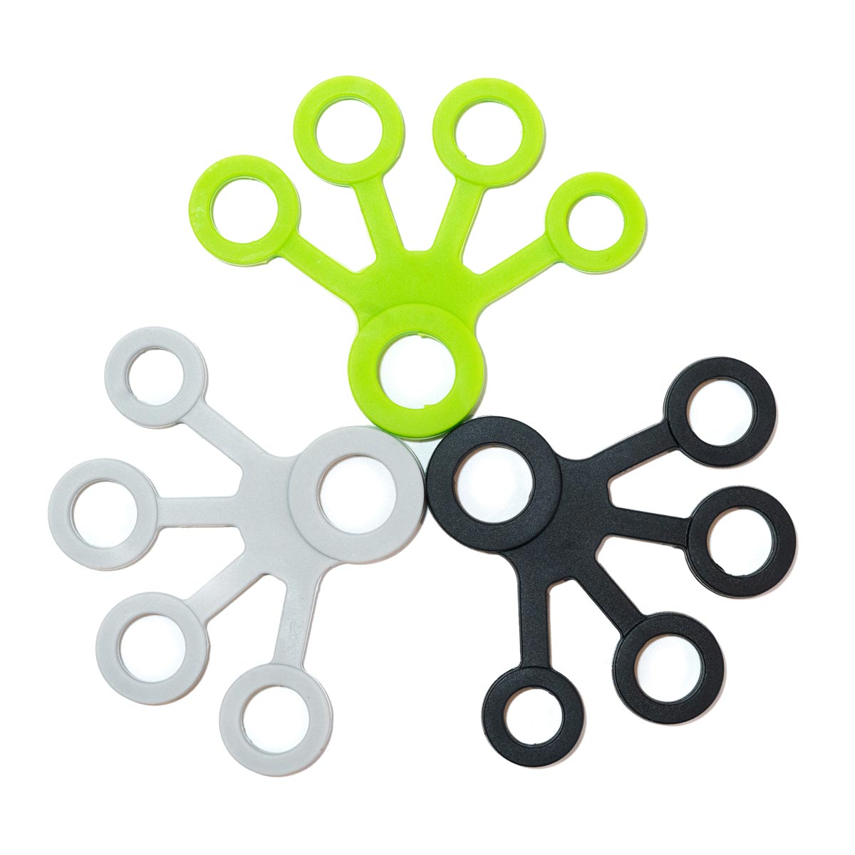 Grip set of forearm and finger strengthener hand grippers in green, grey, and black