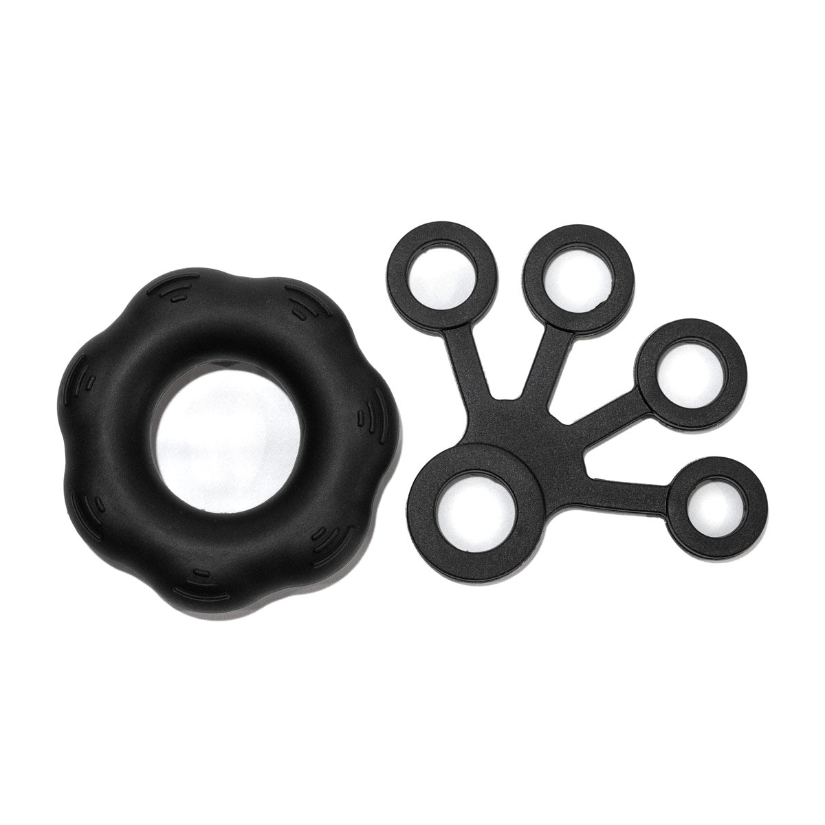 Black hand grip exerciser with circular ring and 5-finger trainer