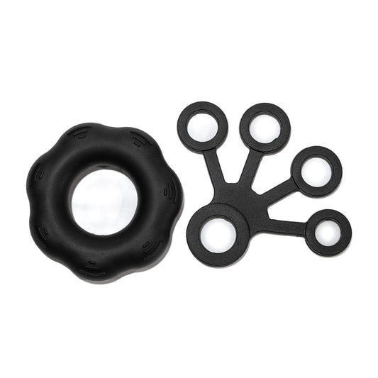 Black hand grip exerciser with circular ring and 5-finger trainer