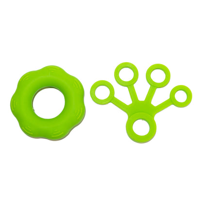 Green hand grip exerciser with circular ring and 5-finger trainer