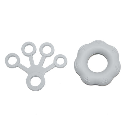 Grey hand grip exerciser set with circular ring and 5-finger trainer