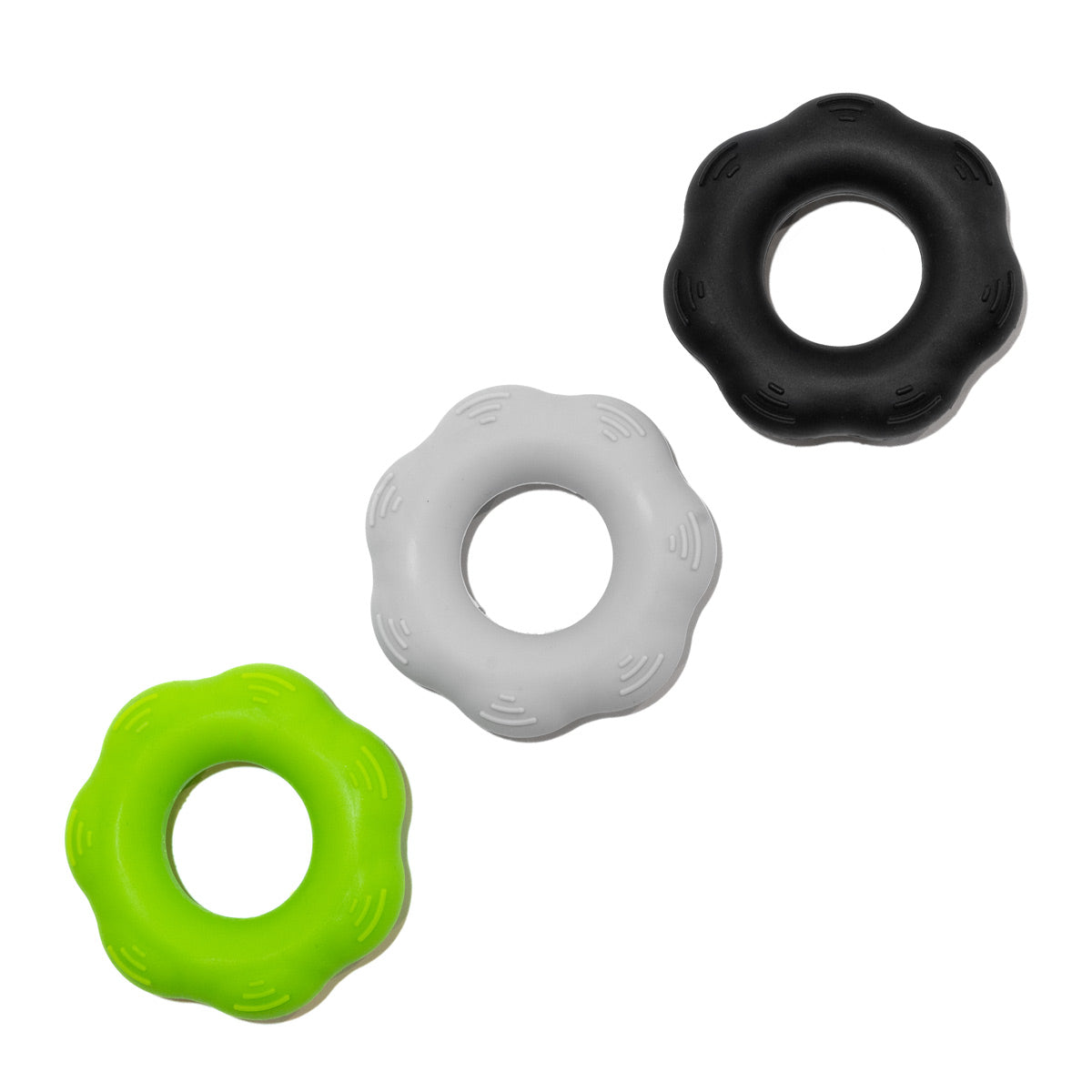 Climbing grip strengthener rings set: green, gray, and black with textured pads
