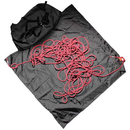 Grey climbing rope bag with pink rope and black carrying straps