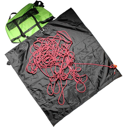 Dark grey climbing rope bag with pink rope, black straps, and fasteners