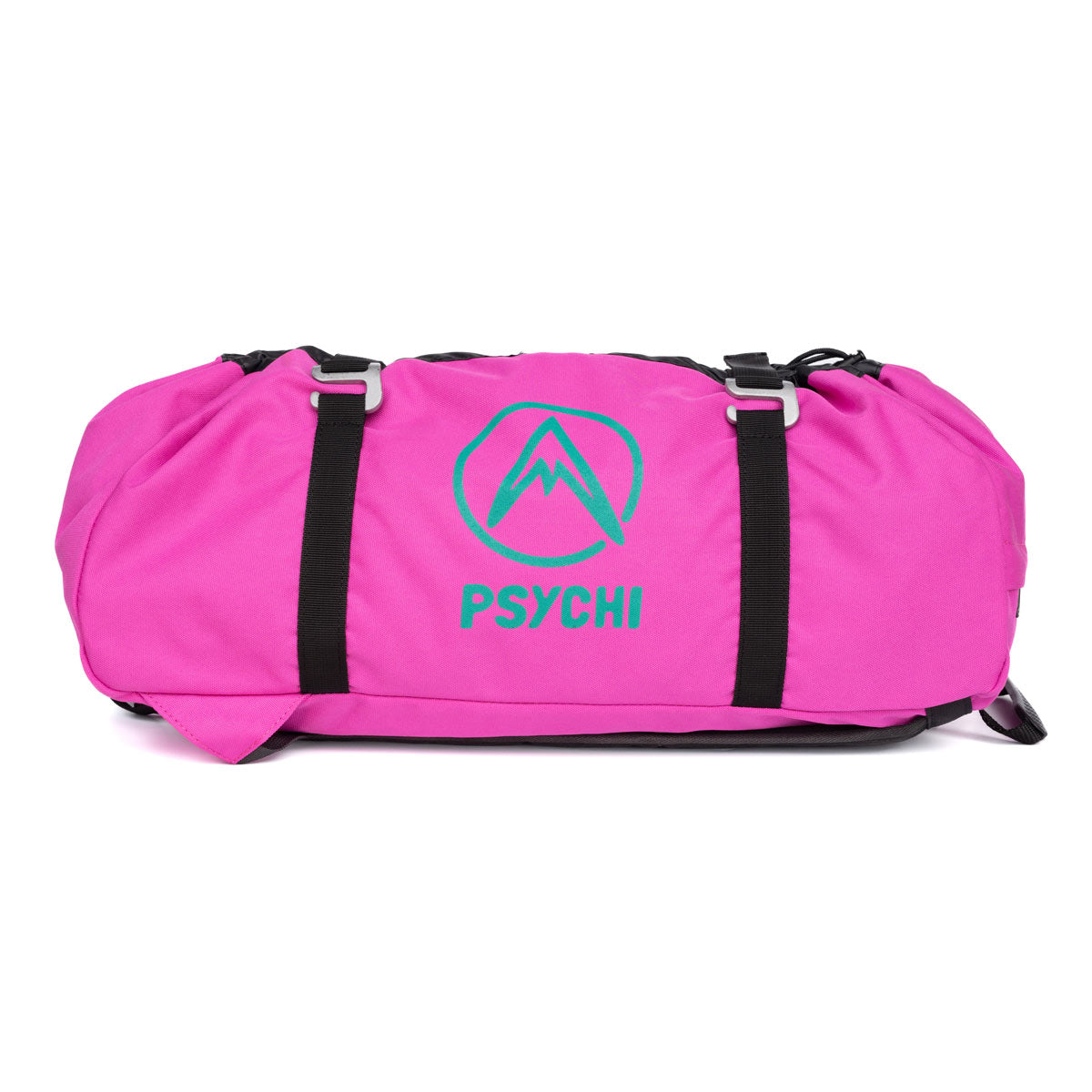 Pink duffel-style climbing rope bag with black webbing straps and PSYCHI logo.