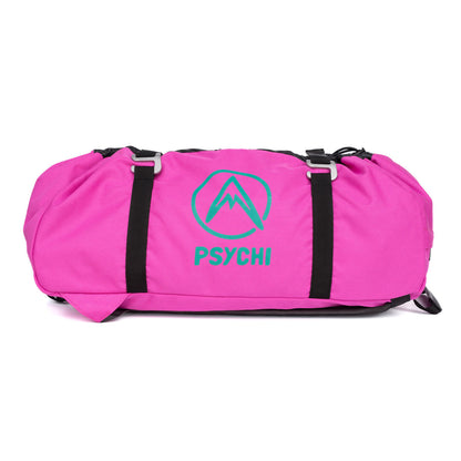 Pink duffel-style climbing rope bag with black webbing straps and PSYCHI logo.