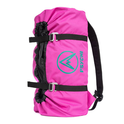 Pink climbing rope bag with black straps and PSYCHI logo on front panel.