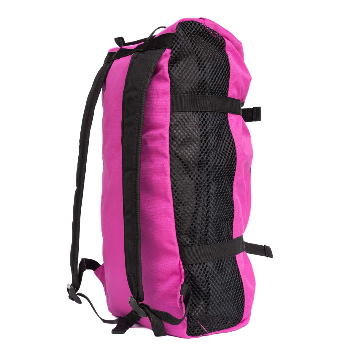 Pink climbing rope bag with black back panel and padded shoulder straps.