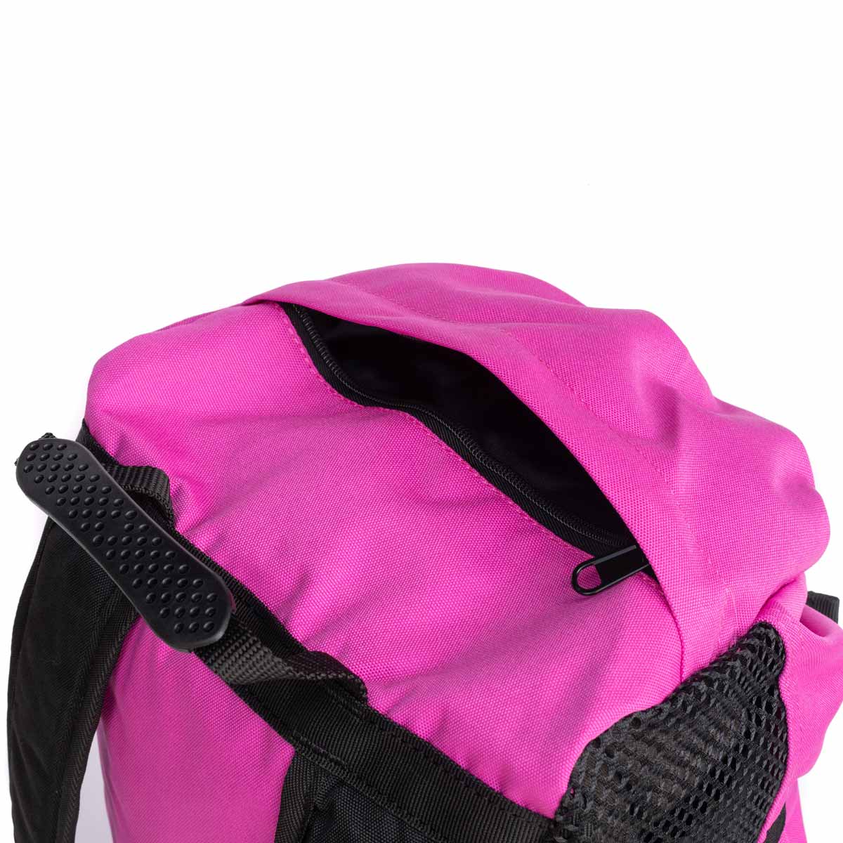 Pink climbing rope bag close-up with black side strap and zip pocket.