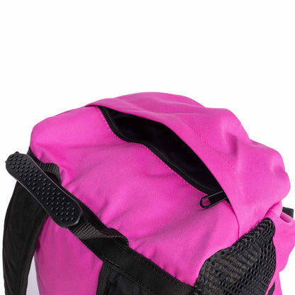 Pink climbing rope bag close-up with black side strap and zip pocket.