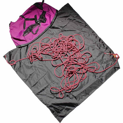 Climbing rope bag with cinch strap, grey outer and violet interior compartment