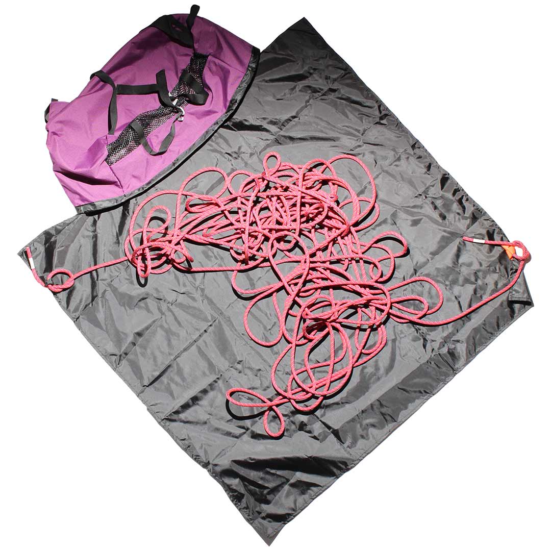 Violet climbing rope bag with pink rope, black straps, and zipper pocket
