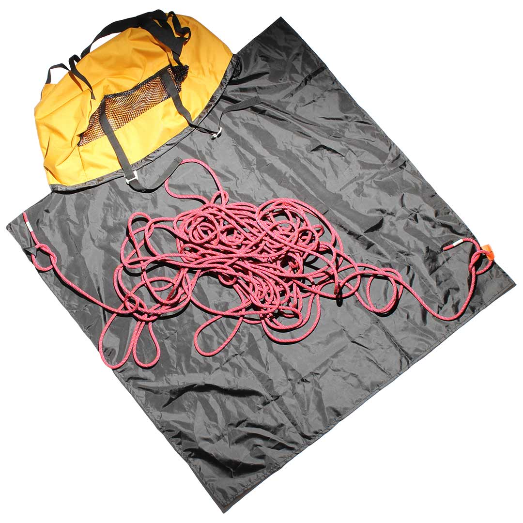 Climbing rope bag, grey with black straps and pink rope, orange accents