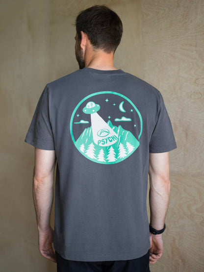 Grey organic cotton T-shirt with large circular alien mountain back graphic