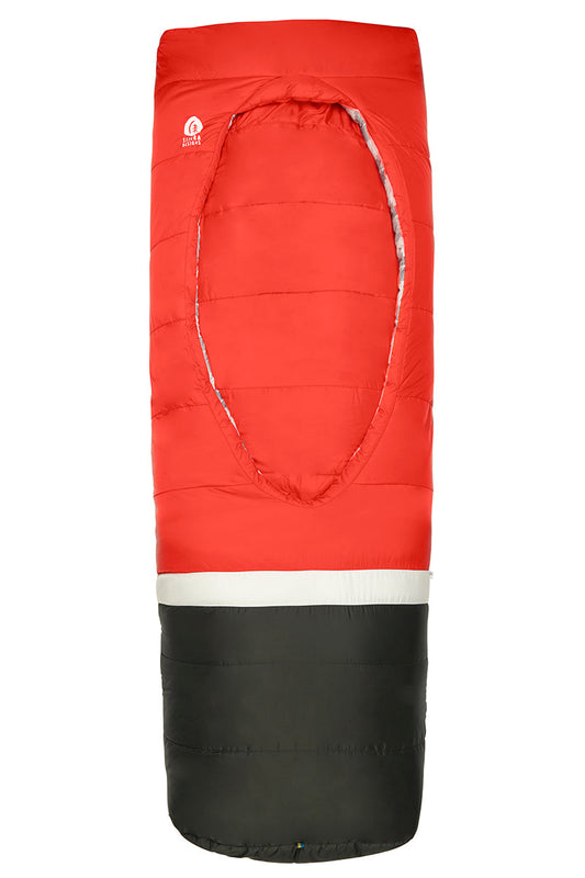 Red and black sleeping bag with mummy hood and zipper