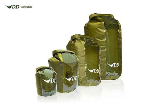 Olive green roll-top dry bags, water-resistant fabric with DD logo