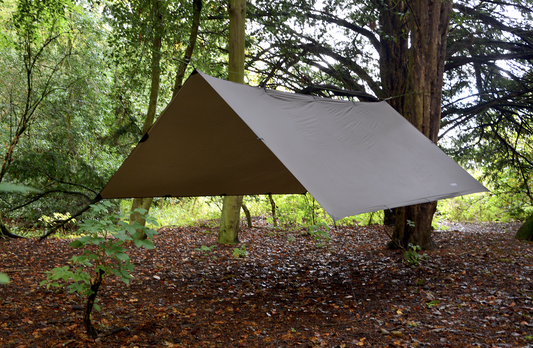 DD SuperLight tarp in coyote brown with light-gray side, pitched between trees