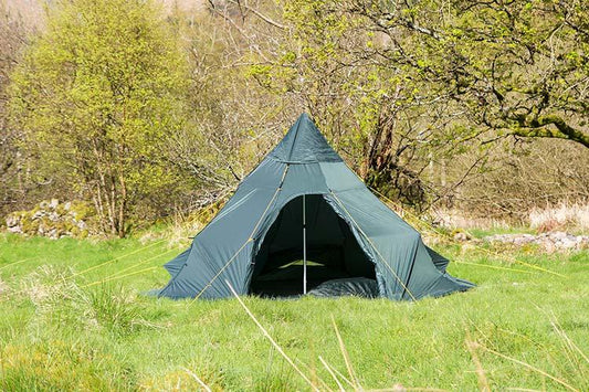 Green tipi tent with open front and dark interior mesh panels