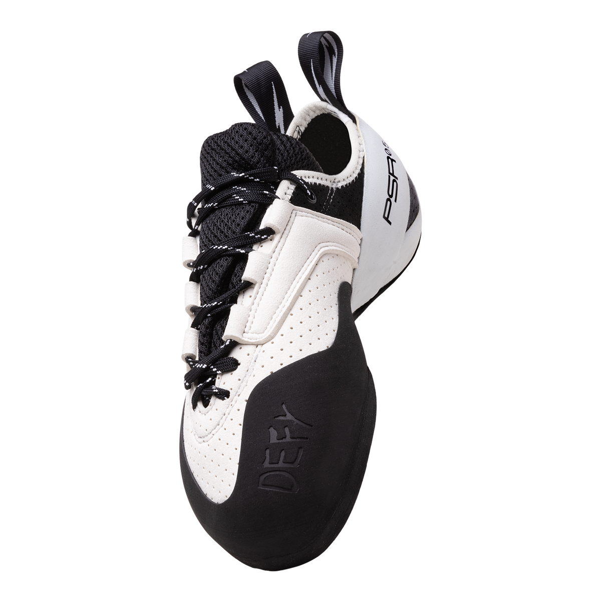 Climbing shoes with lace-up closure, black and white upper, padded collar and tongue