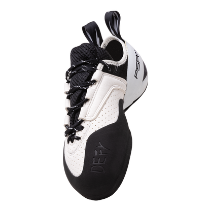 Climbing shoes with lace-up closure, black and white upper, padded collar and tongue