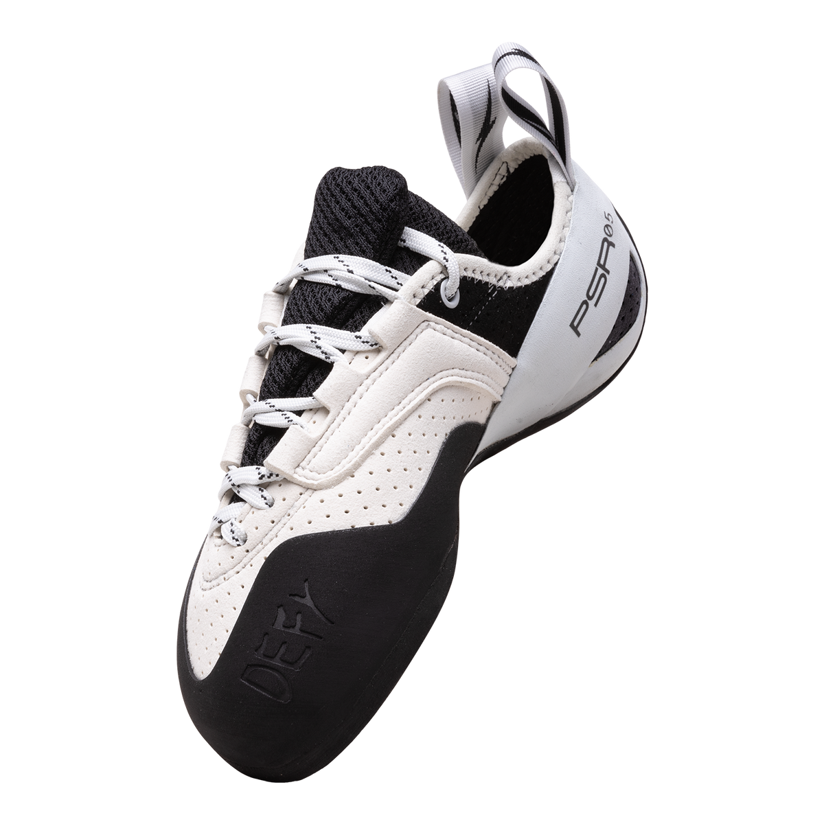 Evolv Defy Lace LV low-volume climbing shoes, lace-up style in white with black heel