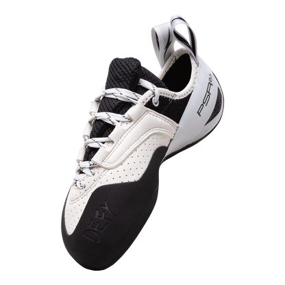 Evolv Defy Lace LV low-volume climbing shoes, lace-up style in white with black heel
