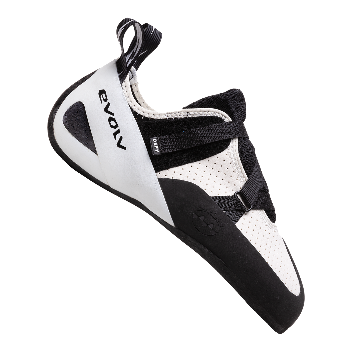 Evolv Defy climbing shoes, front-side angle, black and white upper with lace strap