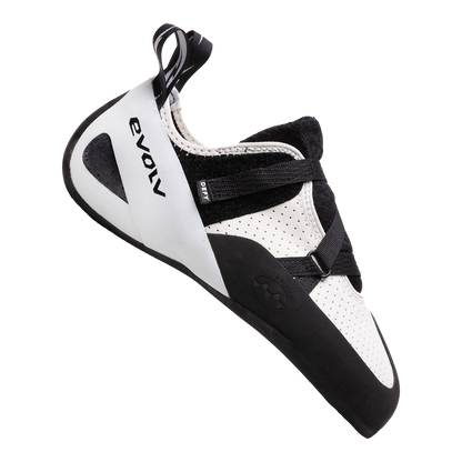 Evolv Defy climbing shoes, front-side angle, black and white upper with lace strap