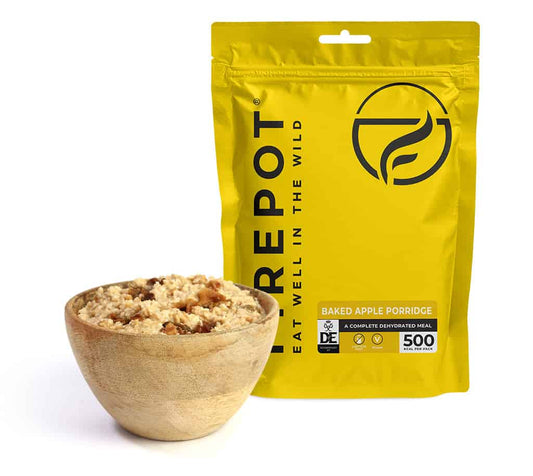 Dehydrated baked apple porridge pouch with bowl of oatmeal-like porridge