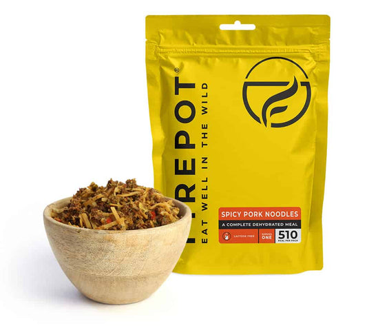 Dehydrated spicy pork noodles pouch with serving bowl, yellow package