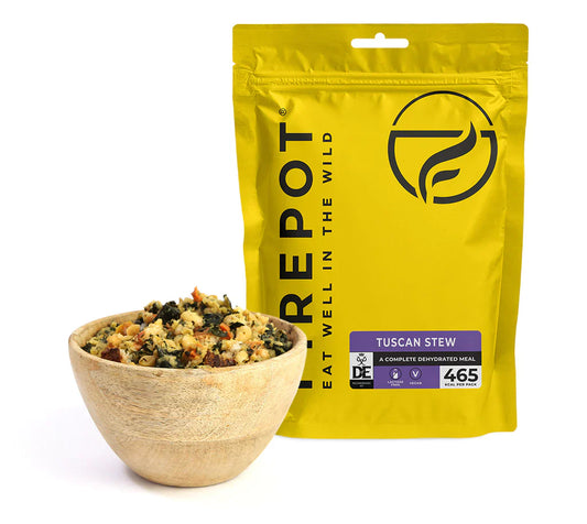 Dehydrated vegan Tuscan stew pouch with grain-and-herb serving bowl