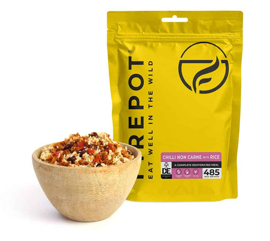 Firepot dehydrated chilli non carne and rice with rice bowl and yellow pouch