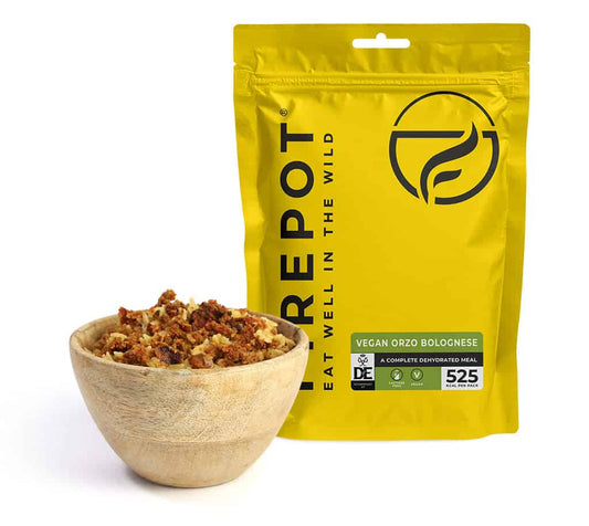 Dehydrated vegan orzo bolognese meal 135g in yellow pouch with bowl of orzo