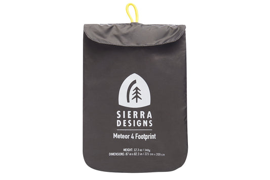 Sierra Designs Meteor 4-person tent footprint bag, dark gray with logo and measurements