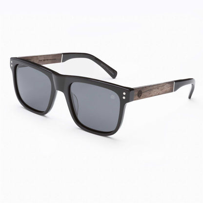 Black square sunglasses with dark polarized lenses and wood-look temples
