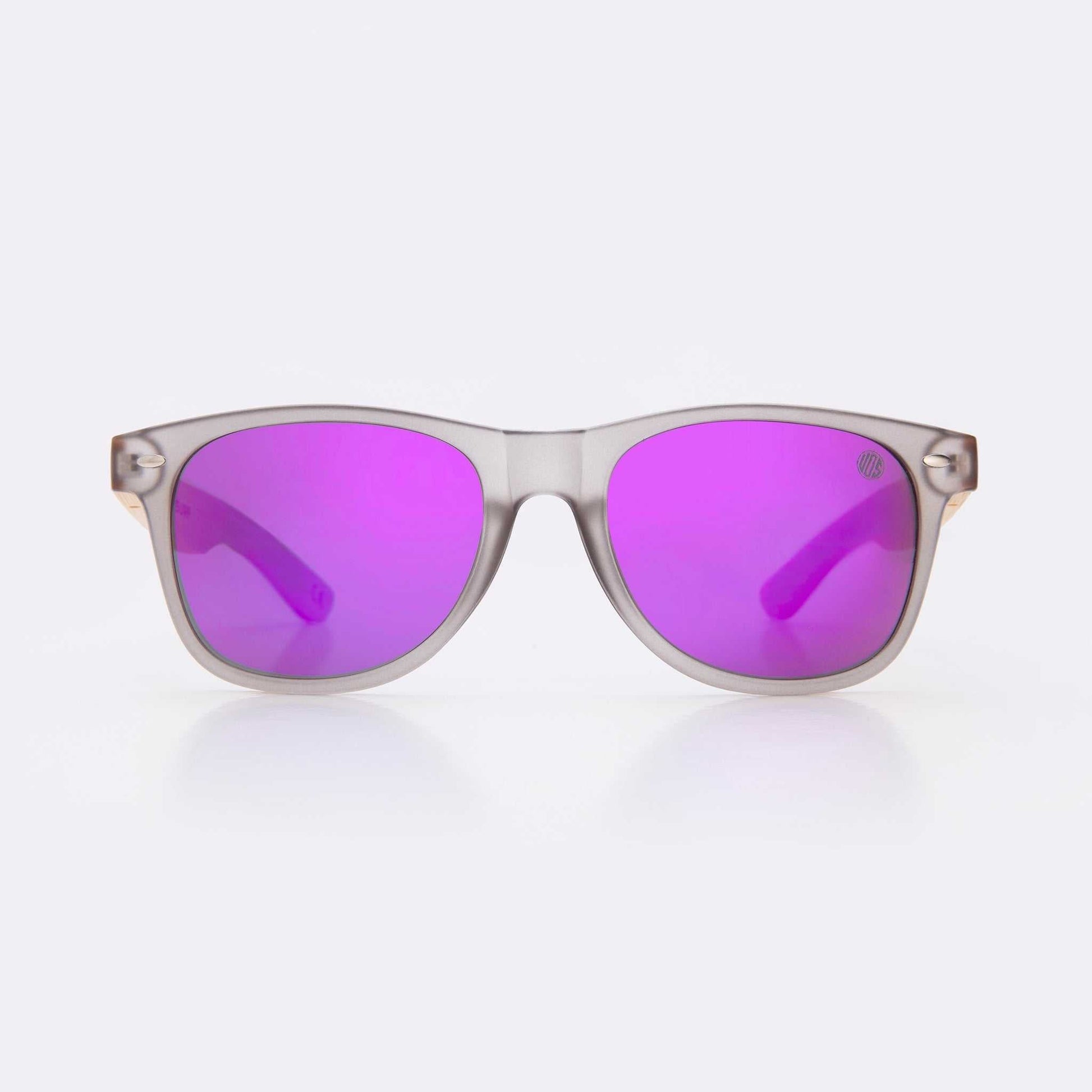 Light gray translucent sunglasses with purple mirror lenses