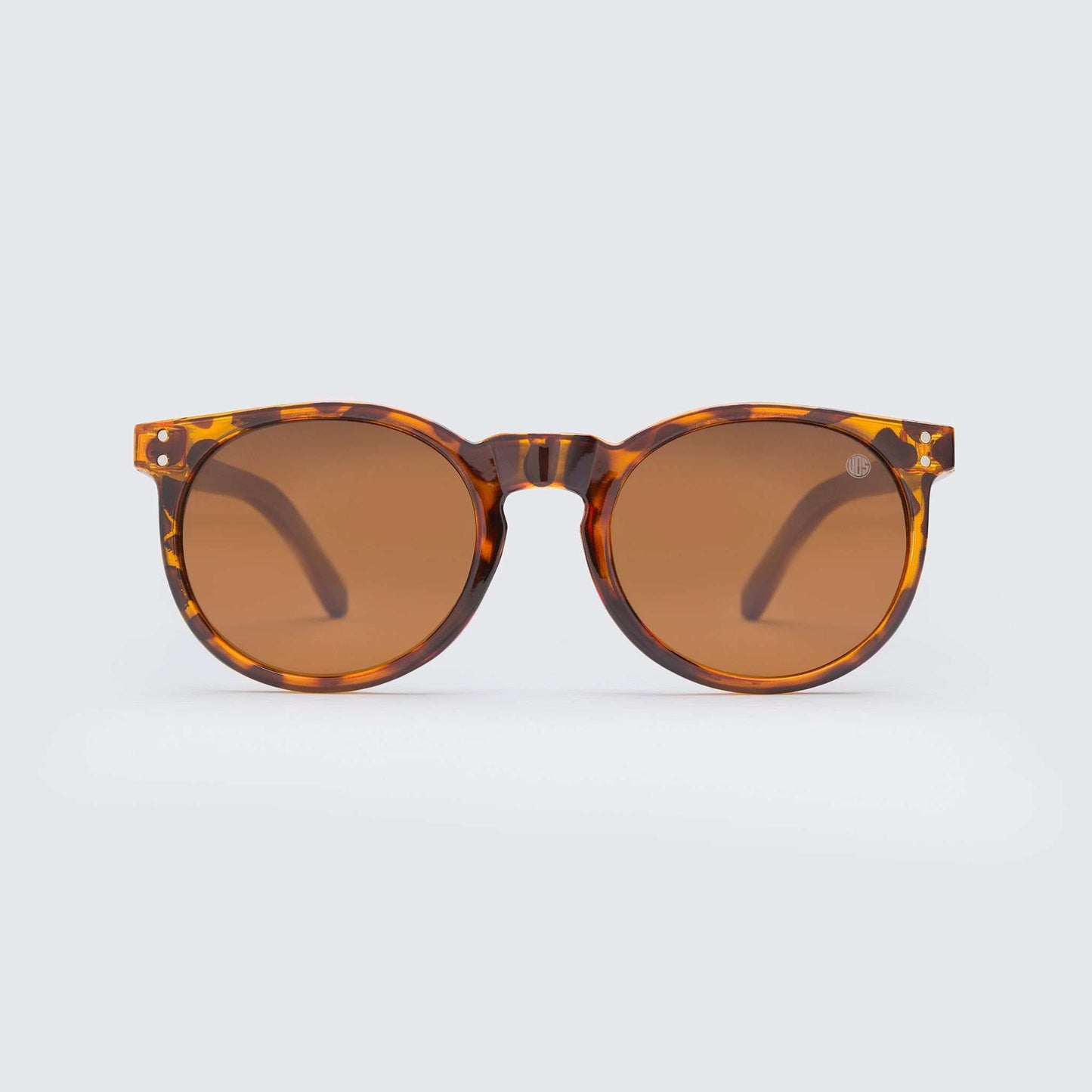 Tortoiseshell round sunglasses with brown lenses, centered bridge.