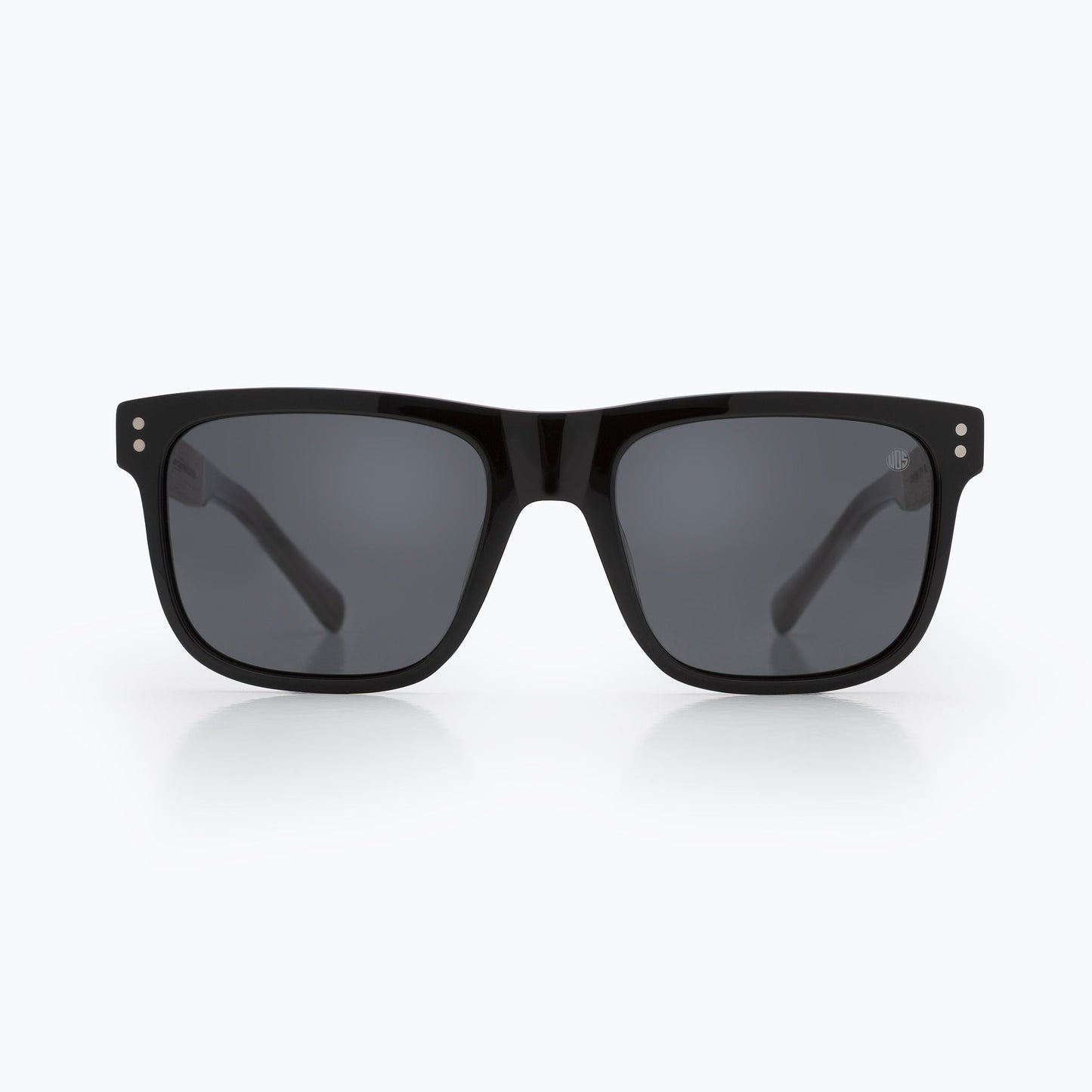 Black square sunglasses front view with dark polarized lenses and acetate frame