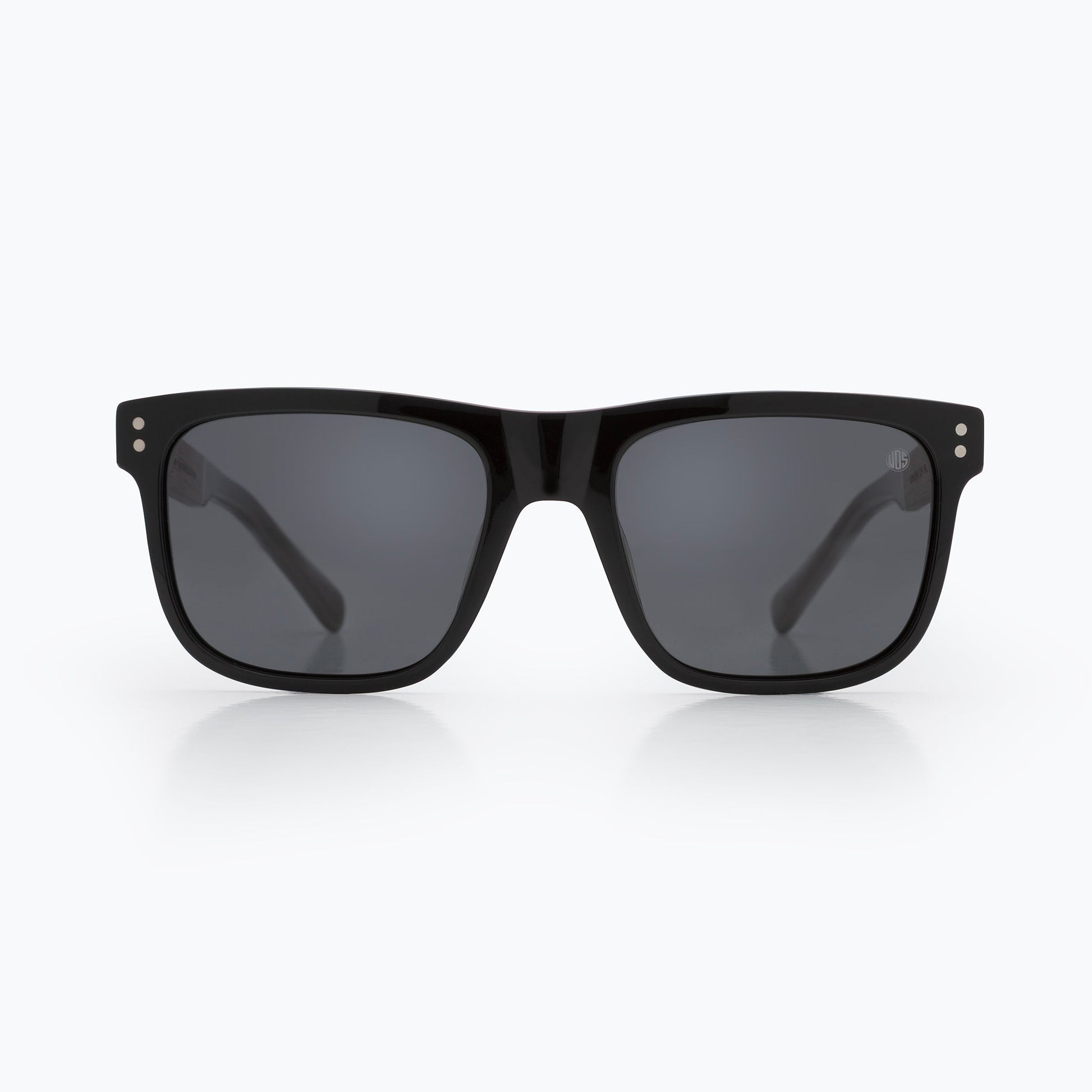 Black square sunglasses front view with dark polarized lenses and acetate frame