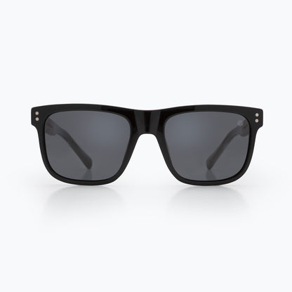 Black square sunglasses front view with dark polarized lenses and acetate frame
