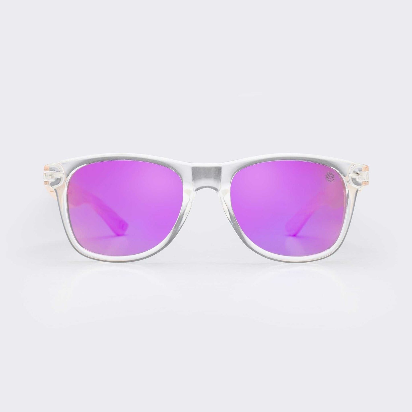 White sunglasses with purple mirror lenses and squared wraparound frames