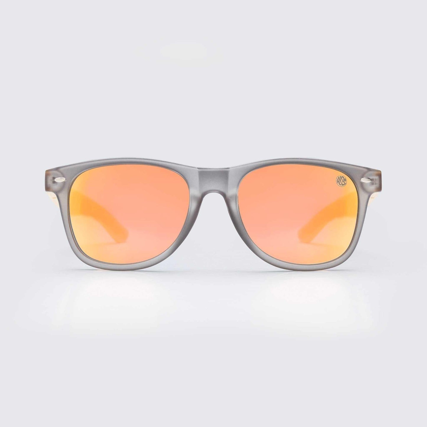 Light gray sunglasses with orange mirrored lenses, full-rim frame