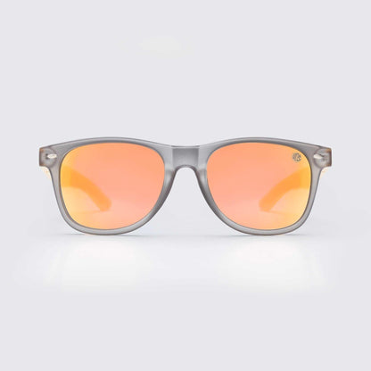 Light gray sunglasses with orange mirrored lenses, full-rim frame