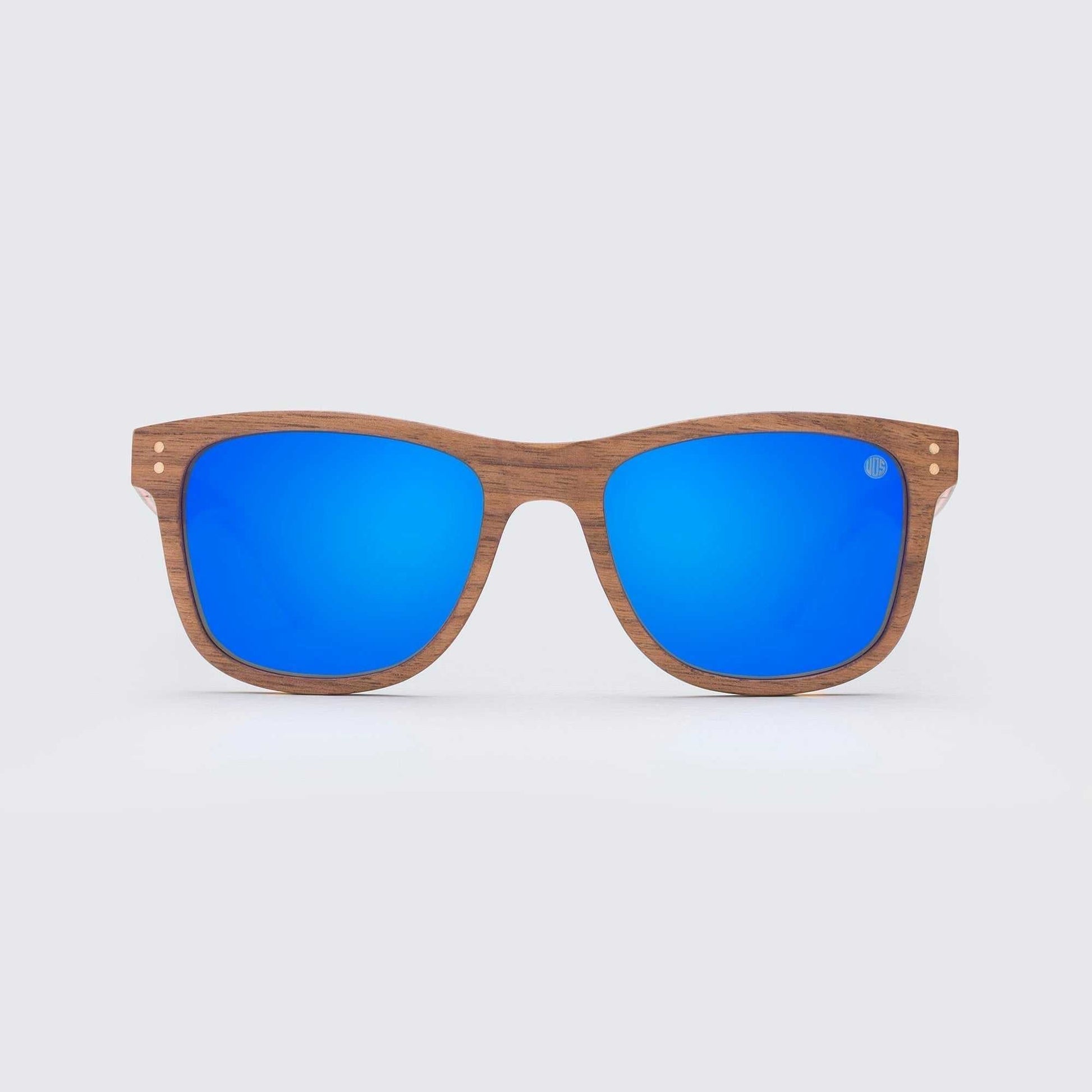 Wood-grain sunglasses with dark brown frame and bright blue mirrored lenses